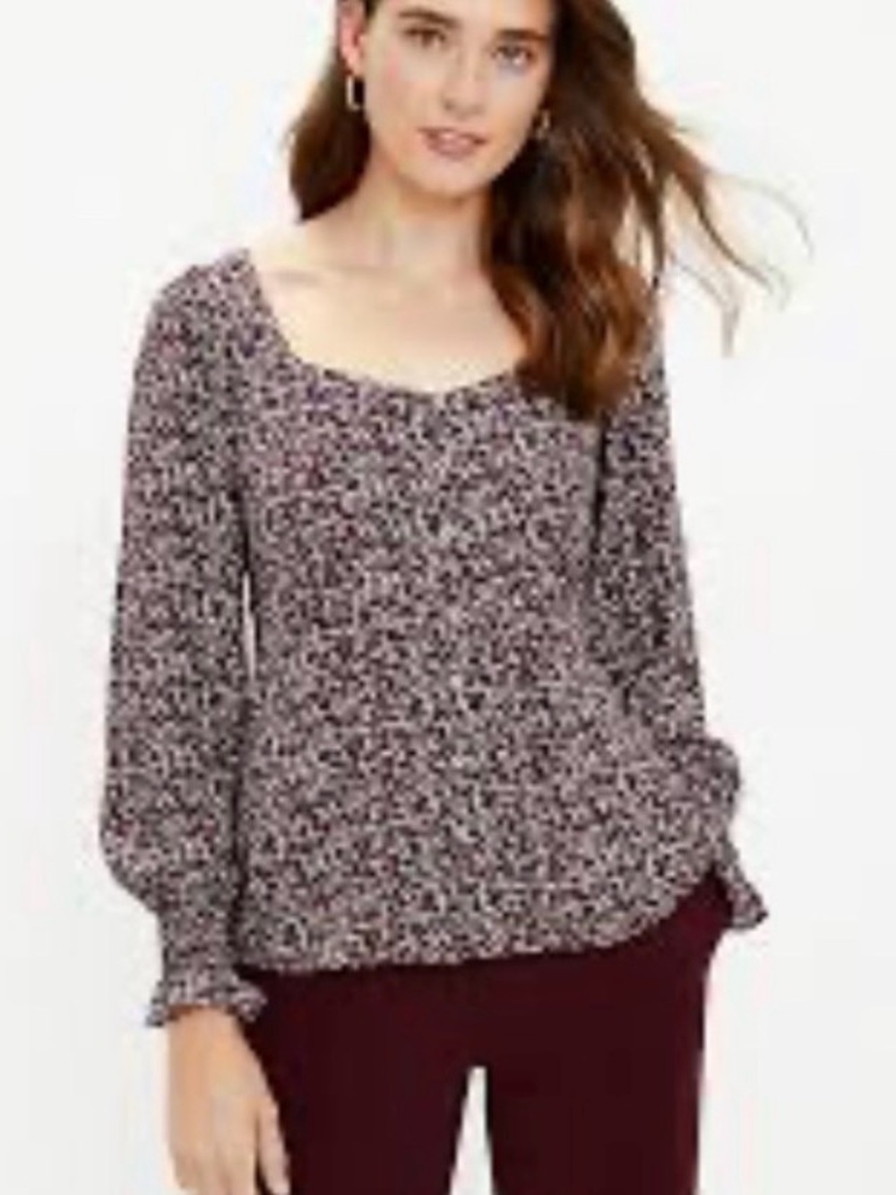 LOFT Burgundy Floral Square-Neck Blouse Size L w/ Puffed Shoulders Cottage Core